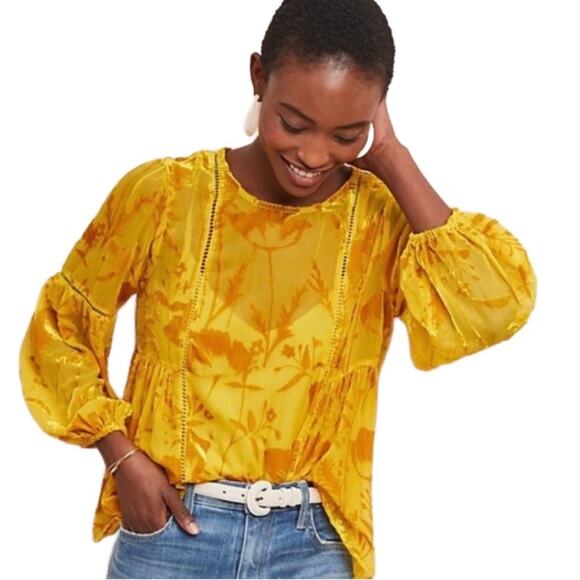 Anthro Meadow Rue Yellow Floral Burnout Semi-Sheer Blouse with Tank - size 10 - Picture 1 of 8